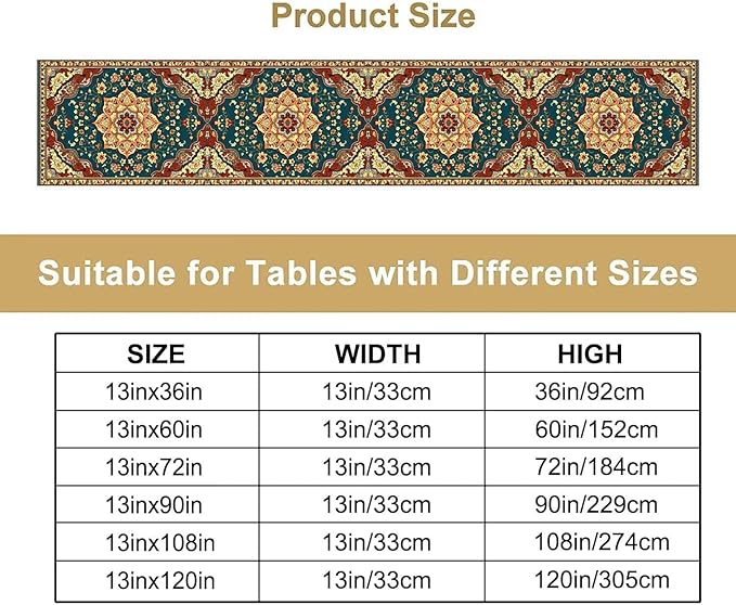 Boho Rich Table Runner, Vintage Blue Teal Gold Retro Flower Rustic Country Style Floral Print Pattern for Home Kitchen Table Decor Dining Coffee Room Garden Party Decor 13x60in