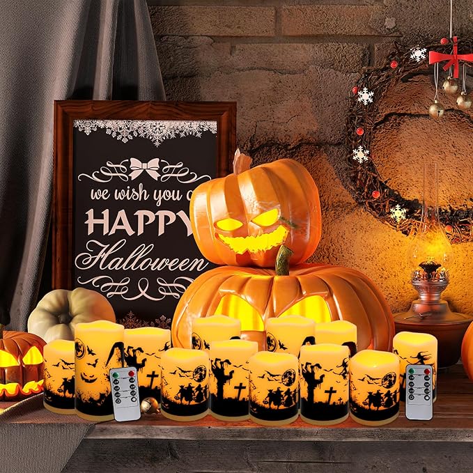 12-Pack Waterproof Flameless LED Candles - Remote Control & Timer, Dimmable Flickering for Halloween Decor Indoor/Outdoor, Haunted House, Party, Graveyard