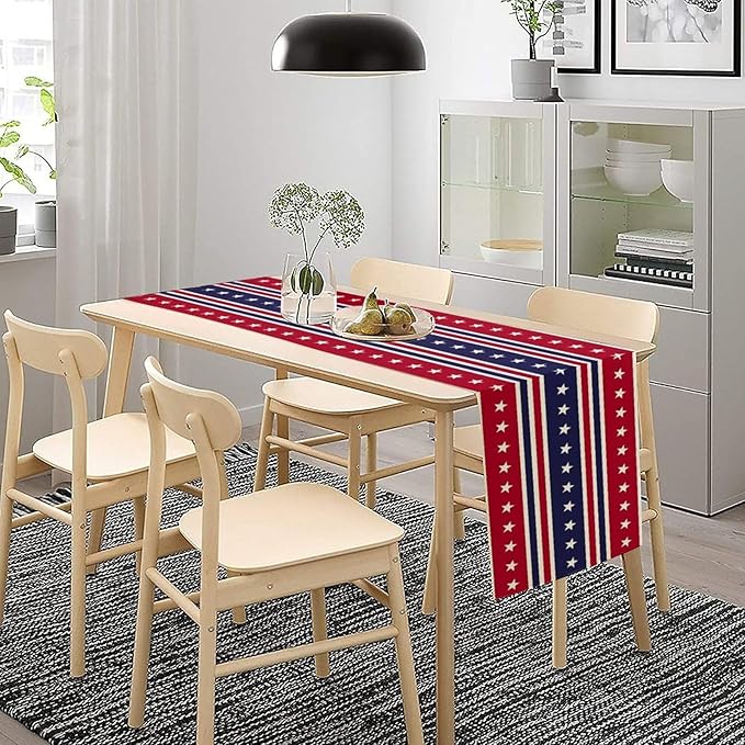4th of July Table Runner, USA Flag Stars Stripes American Independence Day Red Blue White Stars Lines Print Table Cover for Farmhouse Kitchen Indoor Outdoor Home Party, 13x70inch