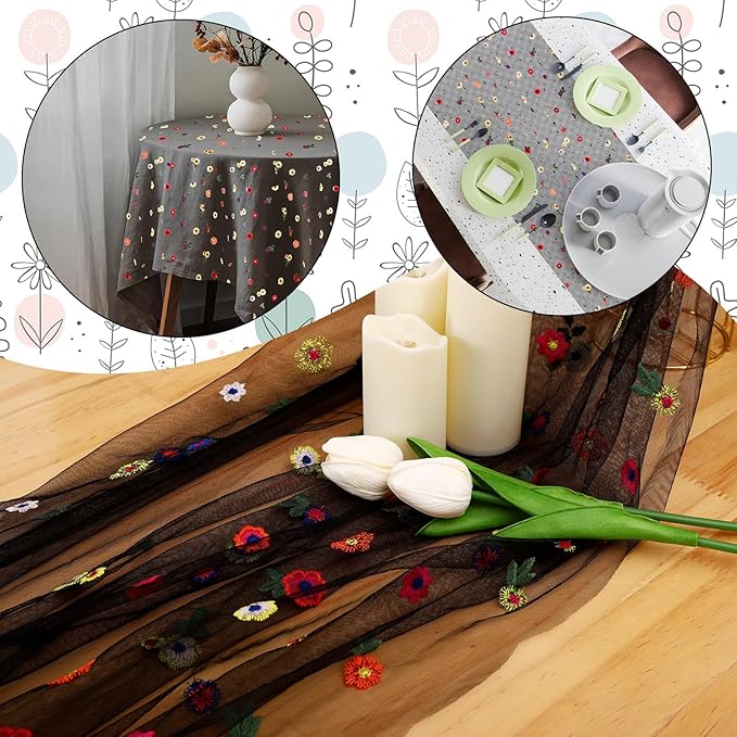 BINBE 3pcs Black Daisy Fall Table Runner Embroidery Gauze 10FT Florals Seasonal Tulle Holiday Birthday Kitchen Dining Table Decor for Home Party