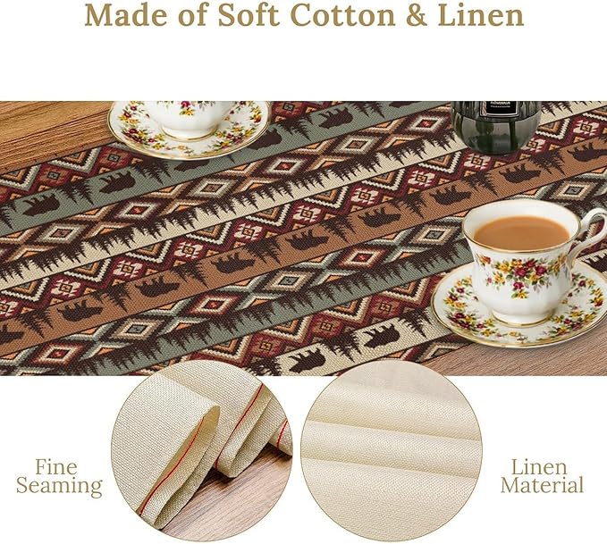 Retro Cabin Table Runner Rustic Bear Forest Farmhouse Lodge Jungle Table Runner for Dinner Party Living Room Kitchen Aztec Vintage 13x108 Inch