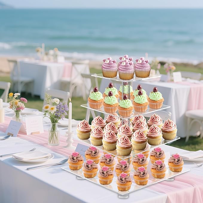 YestBuy 4 Tier Acrylic Cupcake Stand with Base, Premium Cupcake Holder, Acrylic Cupcake Tower Display Cady Bar Party Décor – Display for Pastry(4.7" Between 2 Layers)…
