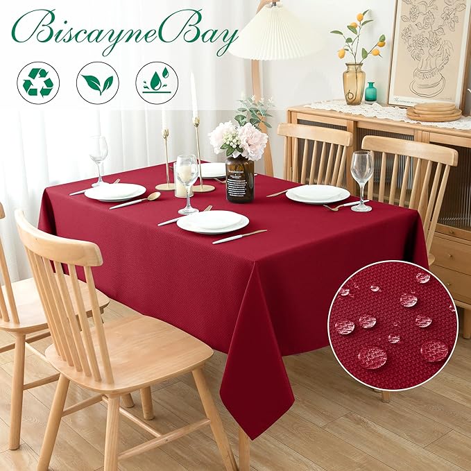 Biscaynebay Textured Fabric Christmas Tablecloths 70x108 Inches Rectangular, Red Water Resistant Table Cloths for Dining, Kitchen, Wedding and Parties, Machine Washable