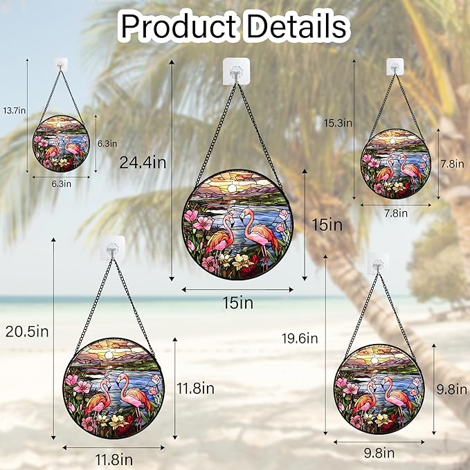 Stained Glass Window Hanging - Flamingo Wildflowers Landscape Suncatcher for Door Terrace Garden Home Decor Sunset Lake Sun Catcher Birthday Gifts for Lovers Women Men Dad Mom Nana 9.8 in