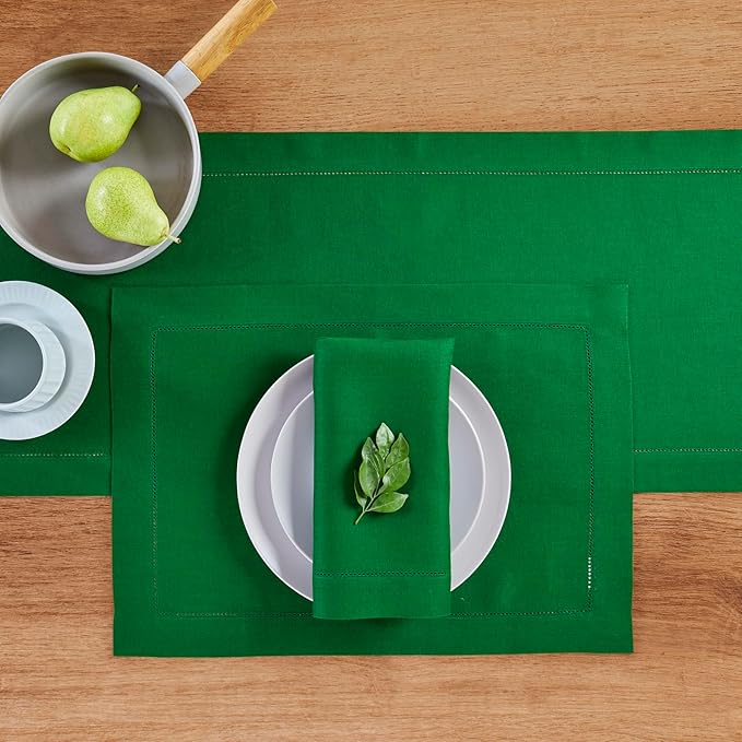 Solino Home Linen Garden Green Table Runner 108 Inches Long - 100% Pure Linen Hemstitch 14 x 108 Inch Table Runner for Dining, Christmas - Classic Hemstitch