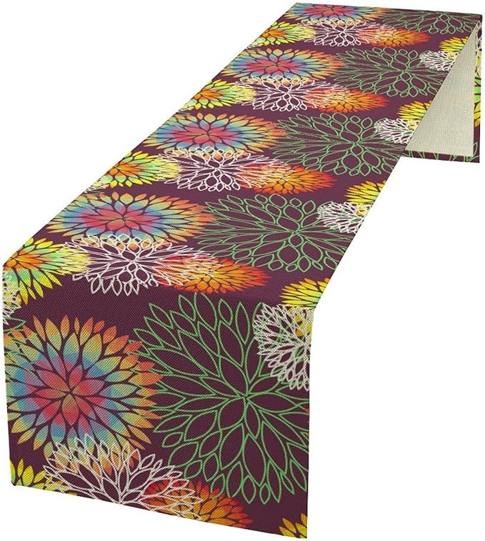 Brown Dahlia Flower Table Runner, Linen Geometric Pattern Floral Table Decor Spring Farmhouse Decorations for Kitchen Dining Holiday Party Decor, 13x108 Inch
