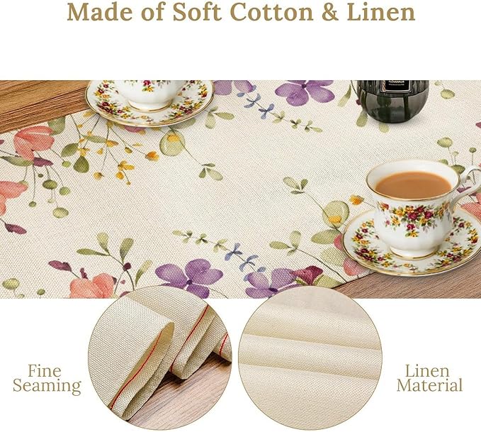 Floral Table Runner,Flowers Plant Print Spring Table Runner for Kitchen Dining Table Decoration for Home Party Decor 13x60 Inch