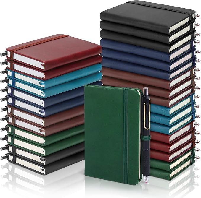 Aodaer 50 Sets Pocket Notebook Journal with Pens, 160 Pages, 3.5 x 5.5 Inch Mini Lined Journal Notebook A6 Leather Hardcover College Ruled Notepad with Pen Holder for School Office, Deep Multicolor