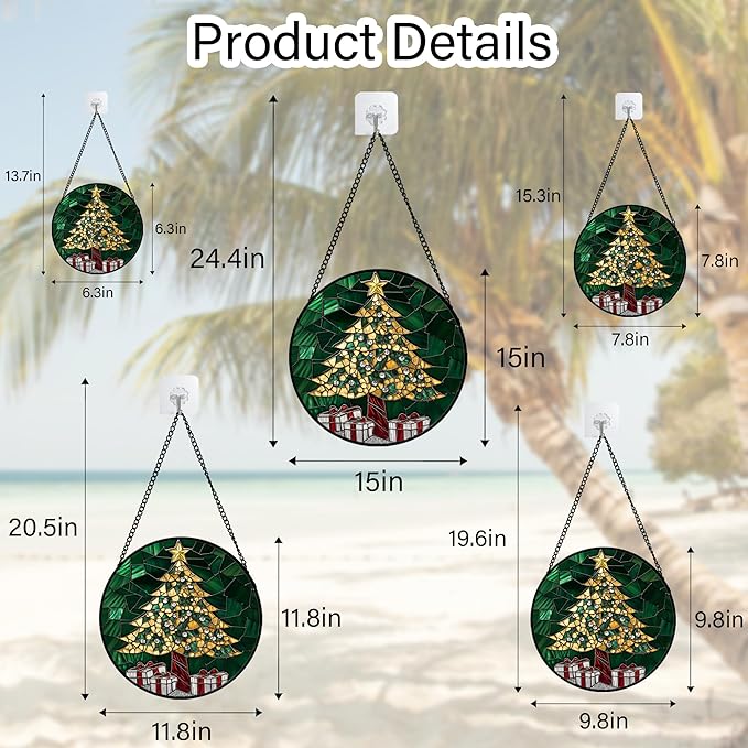 Stained Glass Window Hanging - Gold Green Christmas Tree Suncatcher for Doors Home Christmas Decoration Winter Sun Catcher Thanksgiving New Year Birthday Gifts for Women Men Mom Nana 6.3 in