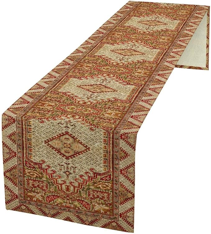 Boho Bohemia Style Orange Table Runner, Country Rustic Farmhouse Magical Abstract Print Pattern for Home Kitchen Table Decor Dining Coffee Room Garden Party Decor 13x108in