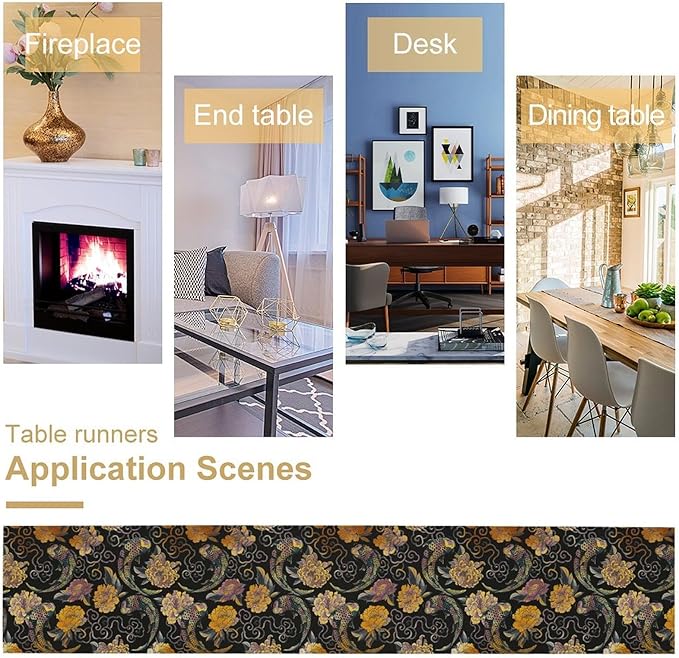 Japanese Table Runner Retro Flowers Oriental Tradition Kio Fish Art Printed Burlap Runner Home Kitchen Dining Table Living Room Decor Fabric 1 Panel W13xL108in