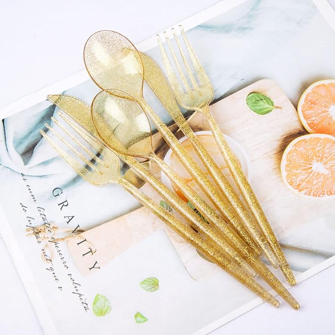 Plastic Spoons, 180 Count Gold Glitter Party Flatware Set