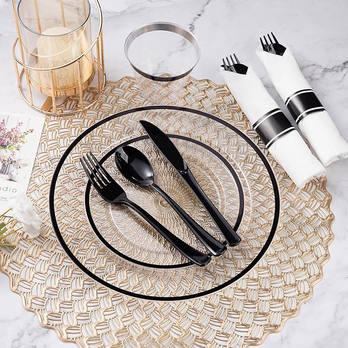 Plates Set for 25 Guests, Black Rim Disposable Plastic Party Tableware