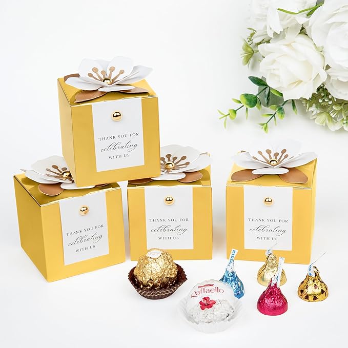 Gift Boxes, 20 Gold Candy Boxes with White Floral Decor and Thank You Tags