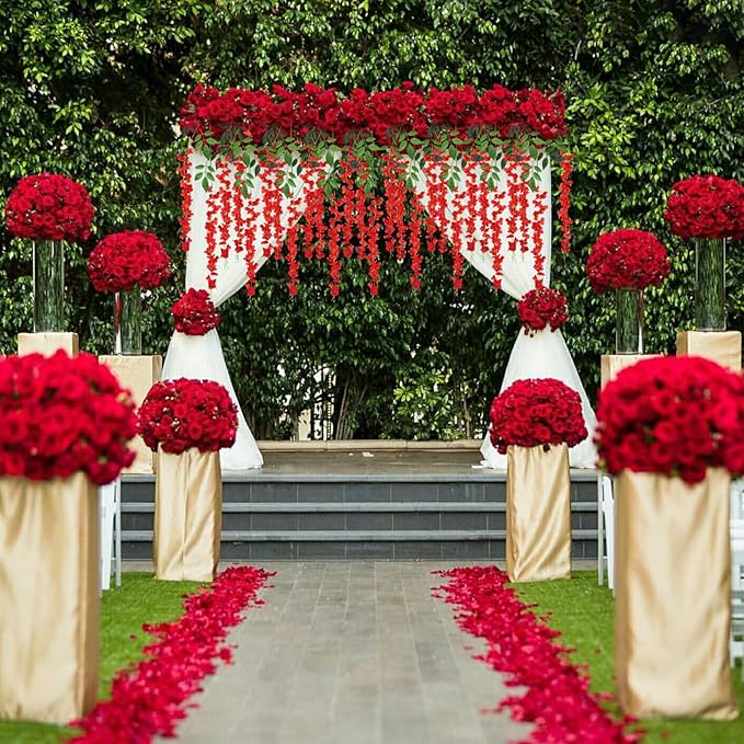 24 Pack Red Wisteria Hanging Flowers, 3.4 Ft Fake Hanging Flowers, Artificial Wisteria Garland Vines for Wedding Room Backdrop Outdoor Patio Garden Decoration