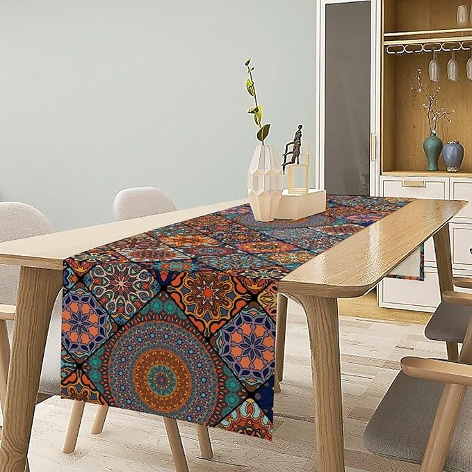 Bohemian Table Runner, Colorful Vintage Indian Mandala Floral Table Runners for Kitchen Dining Coffee Table Indoor Outdoor Party Decor, 13x120inch