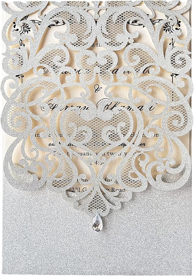 Hosmsua 5.1 x 7.3 Inch 50PCS Silver Glitter Wedding Invitation Cards with Rhinestone Laser Cut Hollow Flora Quinceanera Invitation with Envelopes for Bridal Shower Wedding Invite (Silver Glitter)