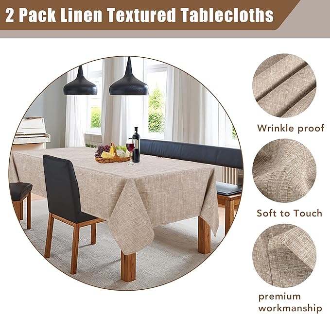 Fitable Linen Textured Tablecloths 2 Pack, Faux Burlap Rectangle Table Clothes for 6 Foot Tables, Rustic Table Covers for Buffet, Banquet, Kitchen Dining, Party, Farmhouse (Nature, 54 x 108 Inch)