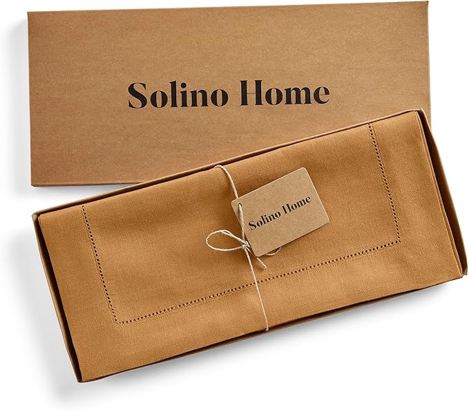 Solino Home Linen Brown Sugar Table Runner 120 Inches Long - 100% Pure Linen 14 x 120 Inch Table Runner for Fall, Autumn, Thanksgiving - Classic Hemstitch