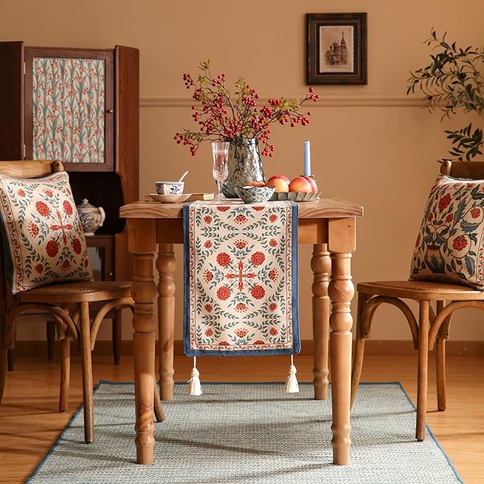 patdrea Designer Vintage Bright Farmhouse Linen Table Runner 87 Inch Long, Maroon Floral Pattern Table Mat, Decoration for Kitchen Dining Table Coffee Table Cabinet Banquet Christmas ,12"*87"