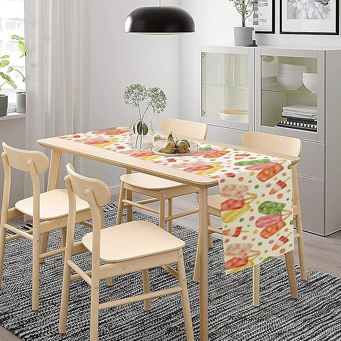 Summer Popsicles Table Runner, Watercolor Colorful Fruit Ice Cream Pops Berry Kiwi Cold Summer Sweet Seasonal Dinner Runner for Party Holiday Home Kitchen Dining Table Decor 13"x60"