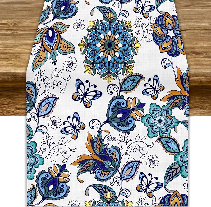 Oriental Paisley Table Runner, Luxury Vintage Blue Teal Floral Butterflies Print Table Runner for Home Dining Kitchen Coffee Table Party Decor, 13x108inch