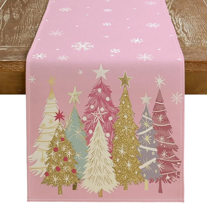 GEEORY Christmas Table Runner 13x90 Inch, Xmas Trees Snowflakes Holiday Decorative Farmhouse Table Decoration for Kitchen Dinning, Indoor Outdoor Dinner Party Decor (Pink) GT153-90