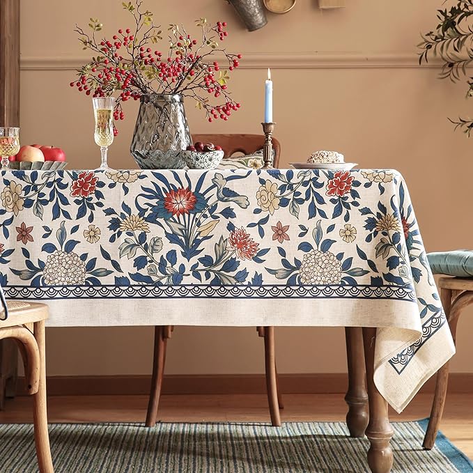 patdrea Designer Blue Tablecloth for Rectangle Table,Vintage Linen with Leaves and Floral Pattern Tablecloths,Farmhouse Decor Cover for Kitchen Dining Christmas,Thanksgiving,63"x87"-Ivar a