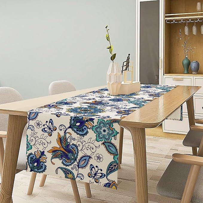 Oriental Paisley Table Runner, Luxury Vintage Blue Teal Floral Butterflies Print Table Runner for Home Dining Kitchen Coffee Table Party Decor, 13x70inch
