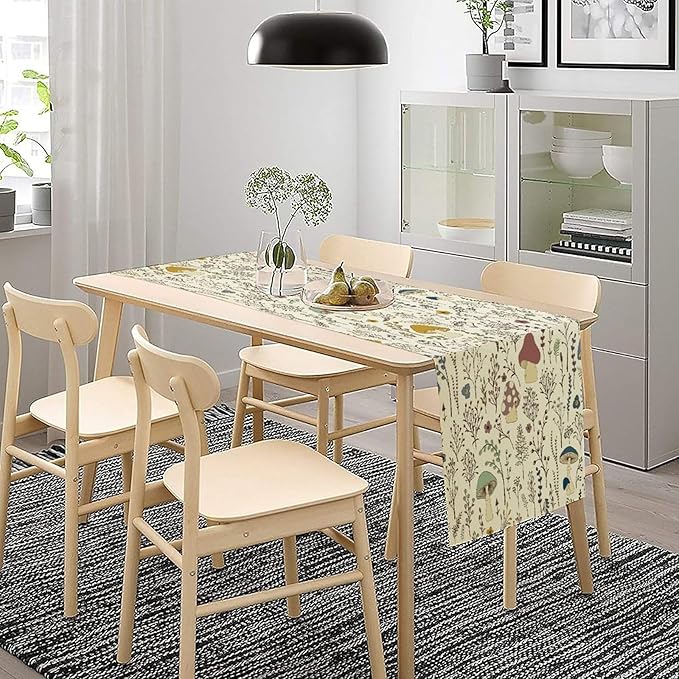 Mushroom Table Runner,Colorful Wild Plants and Fungus Botanical Plants Pattern Print Burlap for Hotel Indoors Outdoor Dining Room Kitchen Holiday Party, 13x108in