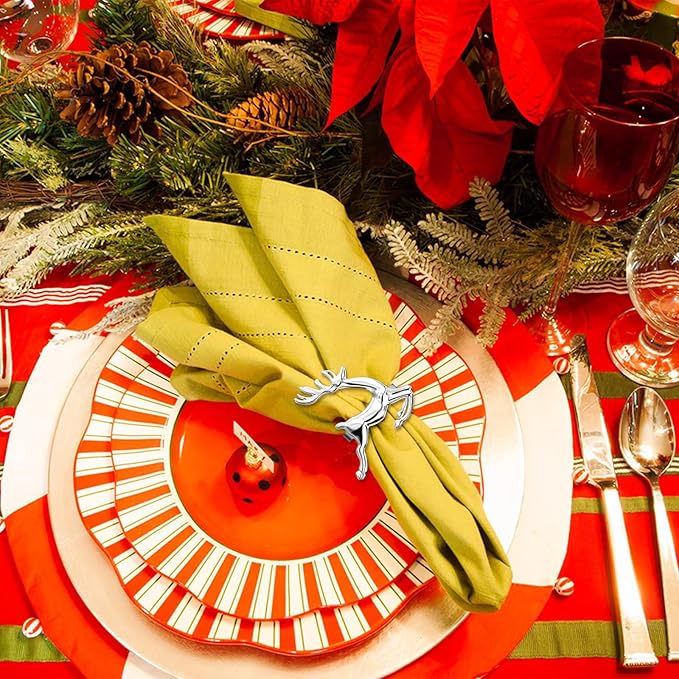 ZeeDix Silver Reindeer Christmas Napkin Rings Set of 6, Napkin Holder Ring for Christmas Dinner Table Decor Cloth Napkins, Wedding Receptions, Holiday Party, Banquet and Home Kitchen