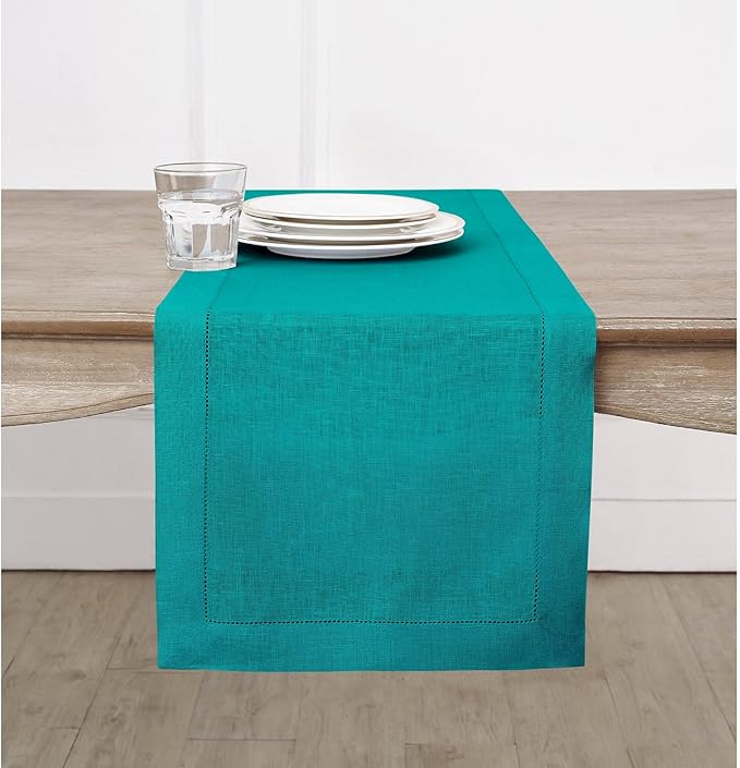 Solino Home Linen Hemstitch Table Runner 36 Inches - 100% Pure Linen Teal Table Runner 14 x 36 Inch Ideal for Dresser and Coffee Tables - Fall, Autumn, Thanksgiving, Christmas - Classic Hemstitch