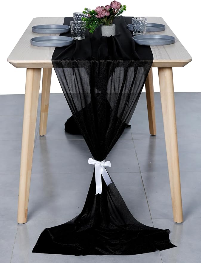 MDS Halloween Chiffon Table Runner - 12 Pack, 29 x 170 Inches, 14ft Each - Sheer Spooky Table Runners for Haunted House Parties, Trick-or-Treat Tables, Witchy Décor, Wedding & Events - Black