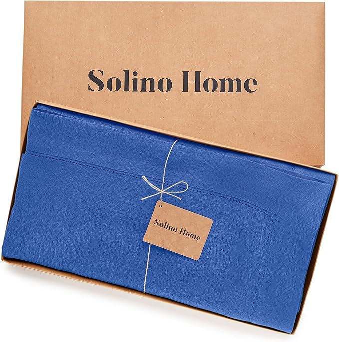 Solino Home Royal Blue Linen Tablecloth 54 x 72 Inch - 100% Pure Linen Hemstitch Table Cloth for Rectangle Tables - Classic Hemstitch, Machine Washable Tablecloth