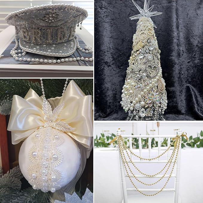 Pearl Bead Garland Trim, Ivory 12mm Beads, 16.4 Ft Roll