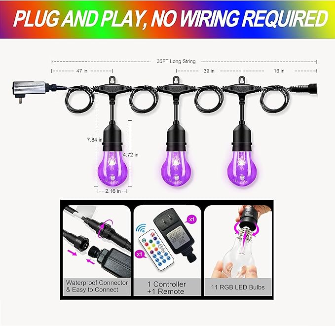 String Lights, 35 FT Outdoor RGB LED Patio Lights with Remote