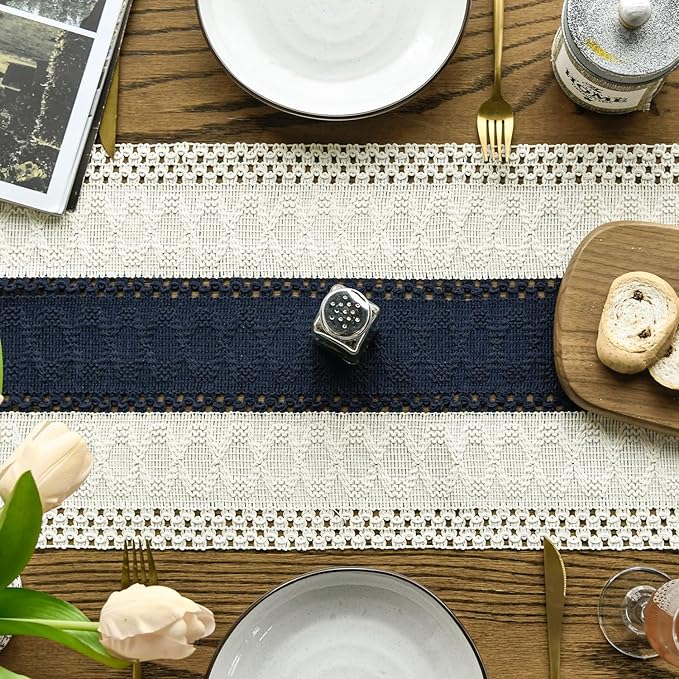 Artoid Mode Dark Blue Farmhouse Rustic Table Runner, Seasonal Holiday Hollow Kitchen Dining Table Decoration for Home Party Decor 12x36 Inch