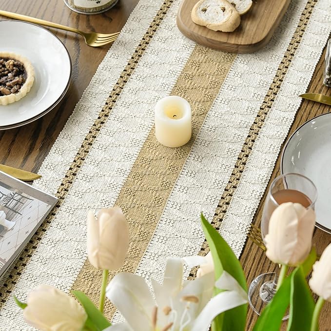 Artoid Mode Burlap Brown Farmhouse Woven Rustic Table Runner, Seasonal Holiday Hollow Kitchen Dining Table Decoration for Home Party Decor 12x108 Inch