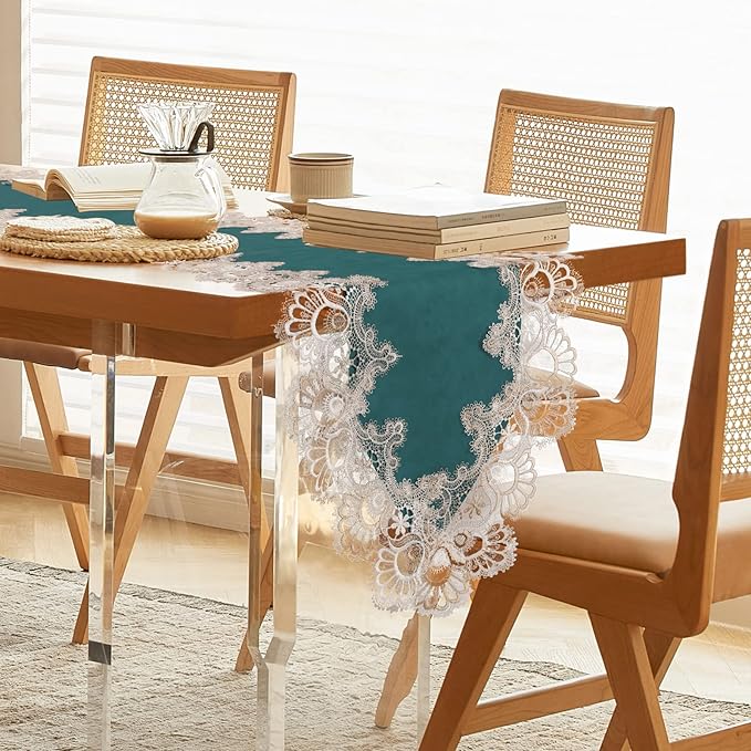 Vintage Lace Dining Table Runner, 120 Inches Floral Coffee Table Runners for Kitchen Home Christmas Party Decorations (16x120 inch, Cyan)
