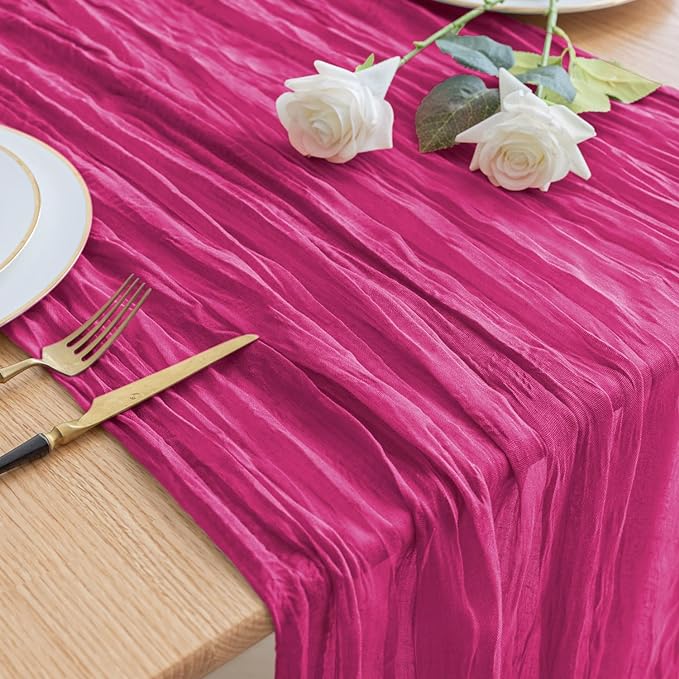 Asee'm Cheesecloth Table Runner 120 Inches Long Fuchsia Boho Gauze Cheese Cloth Runner 10FT Rustic Sheer Fall Table Runners for Thanksgiving Wedding Party Baby Shower Decoration