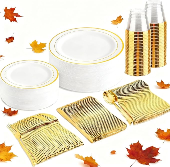 Round Gold Trim Plastic Plates Set, 150 Pieces for Parties