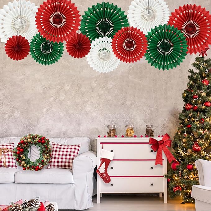 BEISHIDA Red Green White Hanging Tissue Honeycomb Round Paper Fans Decor Kit for Christmas Birthday Girl Kid Shower Bachelorette Wedding Backdrops Anniversary Party Supplies（11 Packs）
