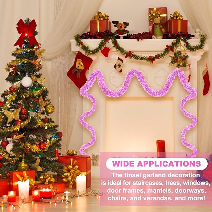 25 Feet Macaron Pink Christmas Tinsel Garland, Metallic Foil Twist Banner Wall Hanging Tinsel Streamers Backdrop for Parade Floats, Christmas, Mother's Day, Birthday Party Decorations(4in x 25ft)
