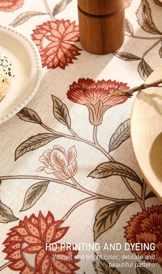 Rectangular Tablecloth 55x71 Inch Linen Blend Hand-Painted Floral Orange