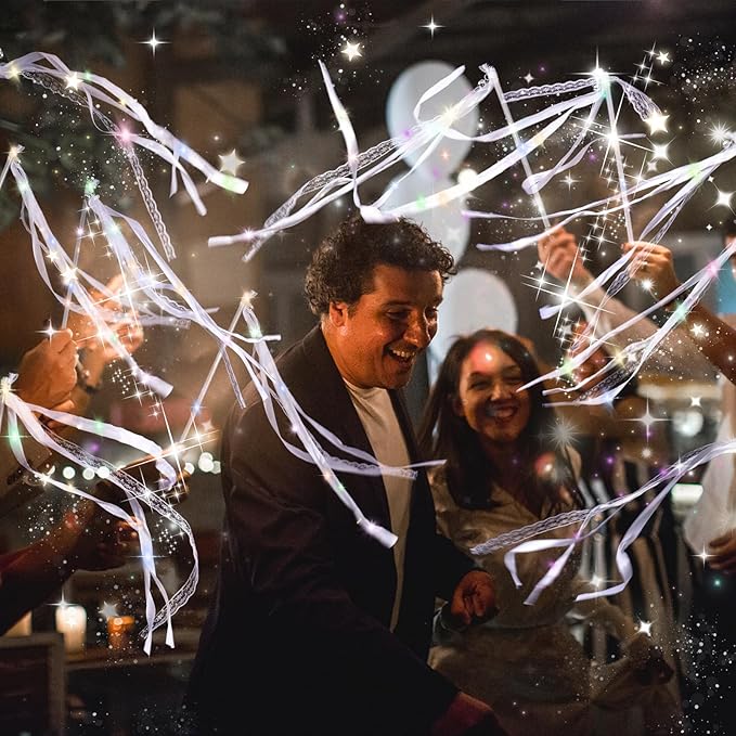 Streamers 100 Pack Light Up Wands with Ribbons, Bells and LEDs