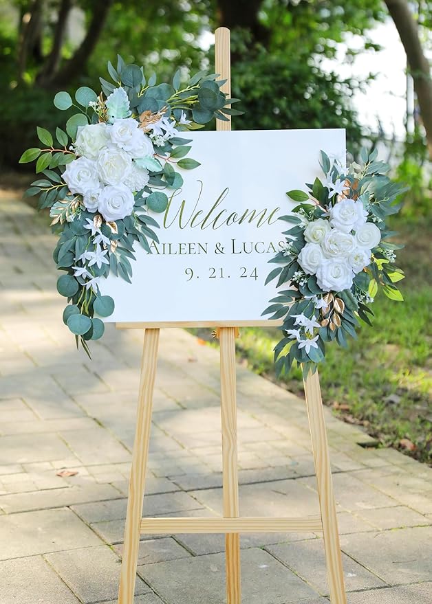 Artificial Flowers Swags Set of 2 in White and Gold Silk for Arches