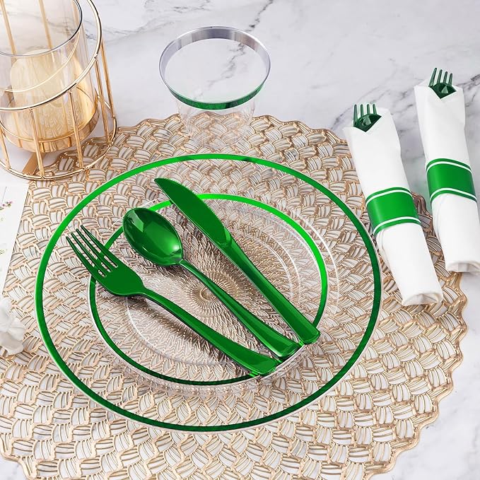 Disposable Green Party Plates Set, 350 Pieces for 50 Guests