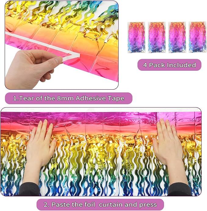 4 Pack Wavy Rainbow Foil Fringe Curtain | 3.3x6.6ft Colorful Tinsel Metallic Streamers Holiday Photo Booth Props Backdrop for Engagement Bridal Shower Unicorn Party Decorations