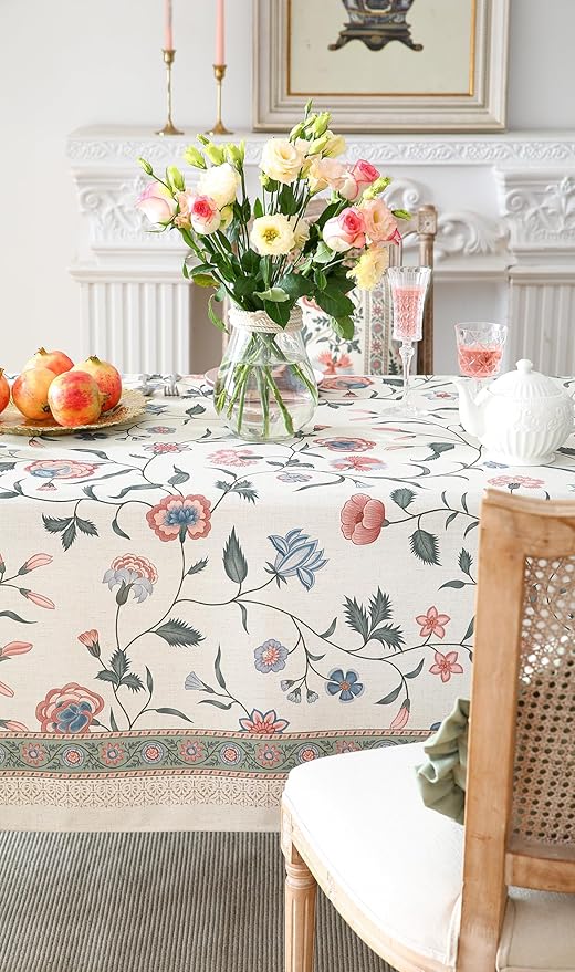 Rectangular Linen Blend Floral Tablecloth, 55 x 71 Inch Polyester