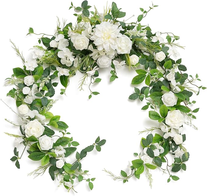 Artificial Flower Garland 6 Ft Eucalyptus Table Runner in White and Olive